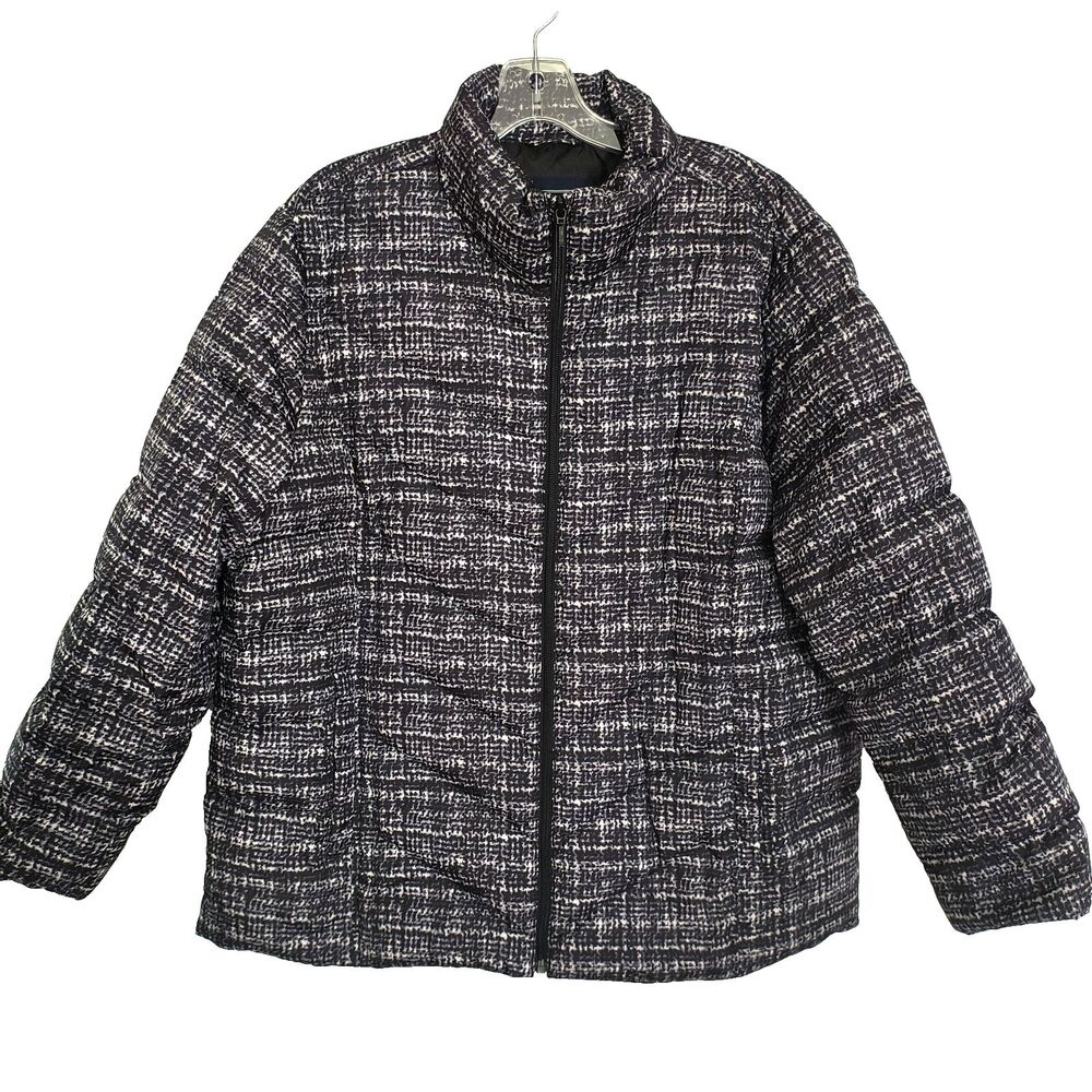 Lands' End Down Puffer Jacket Womens 1X Black/White/Gray Full Zip Hiking Outdoor